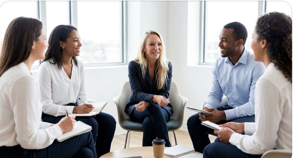 Caroline en cercle de travail avec une équipe